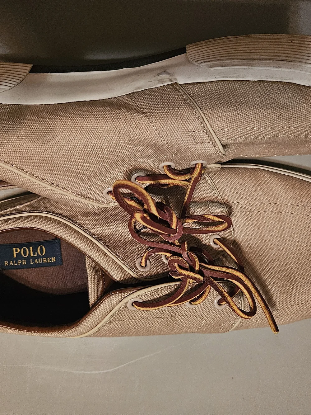 Polo by Ralph Lauren Faxon Beige/Tan Canvas Boat Shoes with Leather Accents